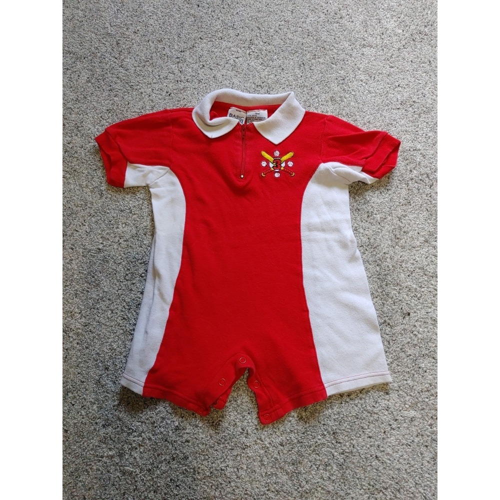 VTG 90s Boys Baseball Romper Collared Red #3 Zip size 18mos Snap